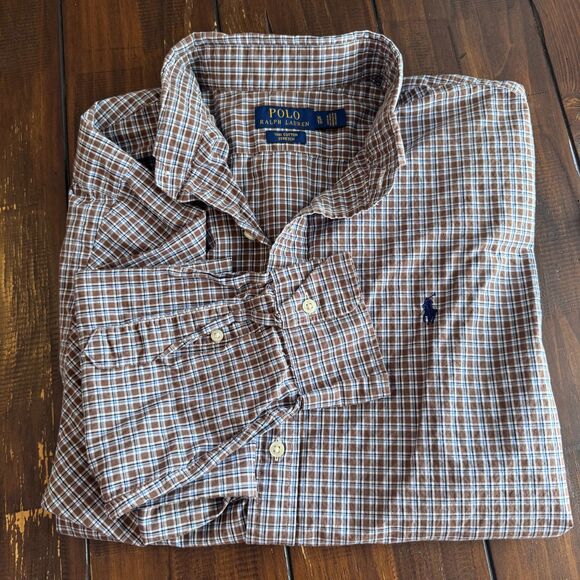 Polo Ralph Lauren Brown Blue Plaid 100% Cotton Button Down Shirt Size XL EUC - Picture 1 of 5